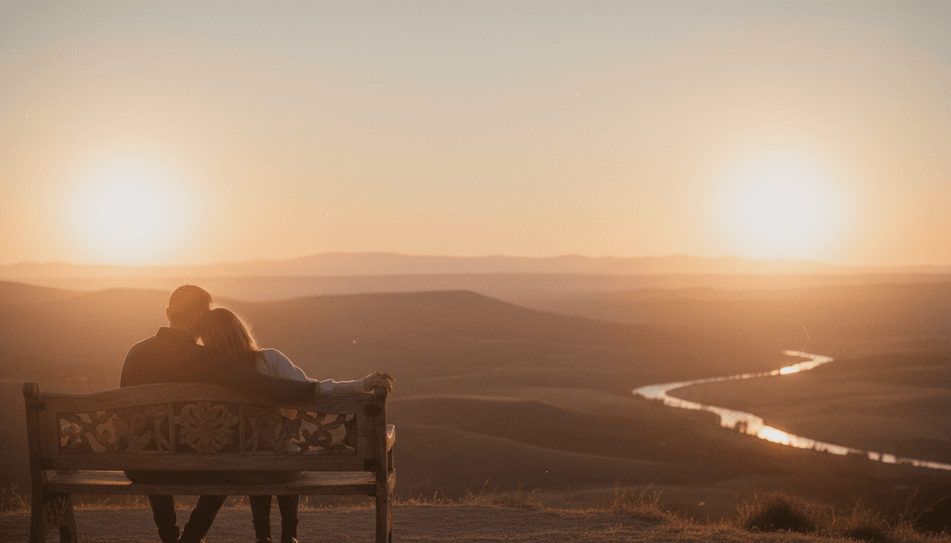 Silhouetted couple sitting together on bench during golden hour overlooking scenic landscape