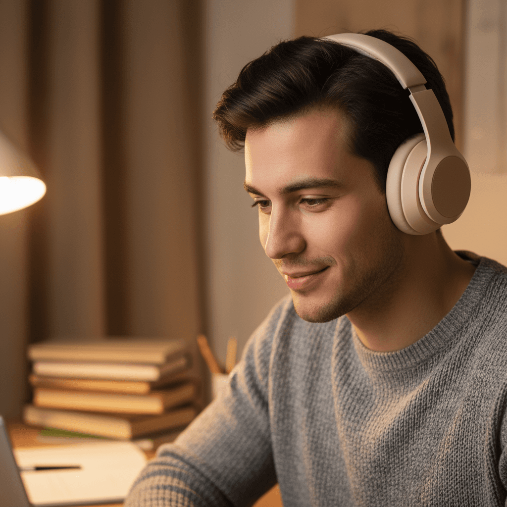 Student wearing headphones and concentrating on laptop with focused expression during study session