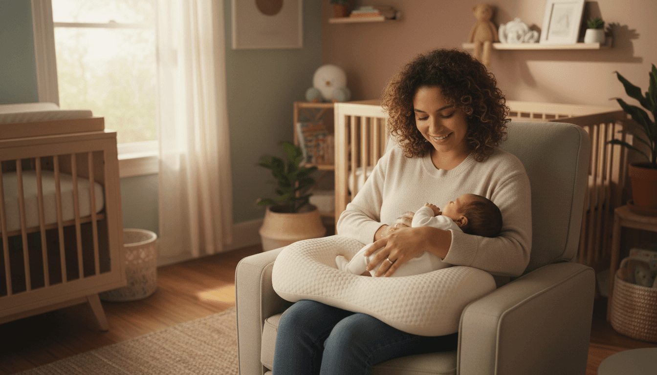 Parent cradling newborn on ergonomic pillow in bright nursery, demonstrating product use in daily infant care