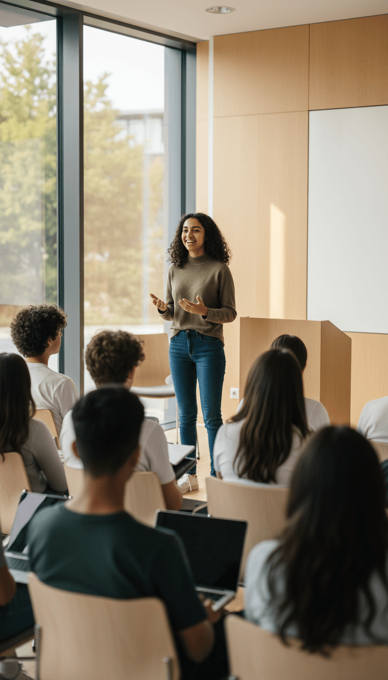 Confident teenage student presenting ideas to attentive seated peers, gesturing expressively with natural window lighting