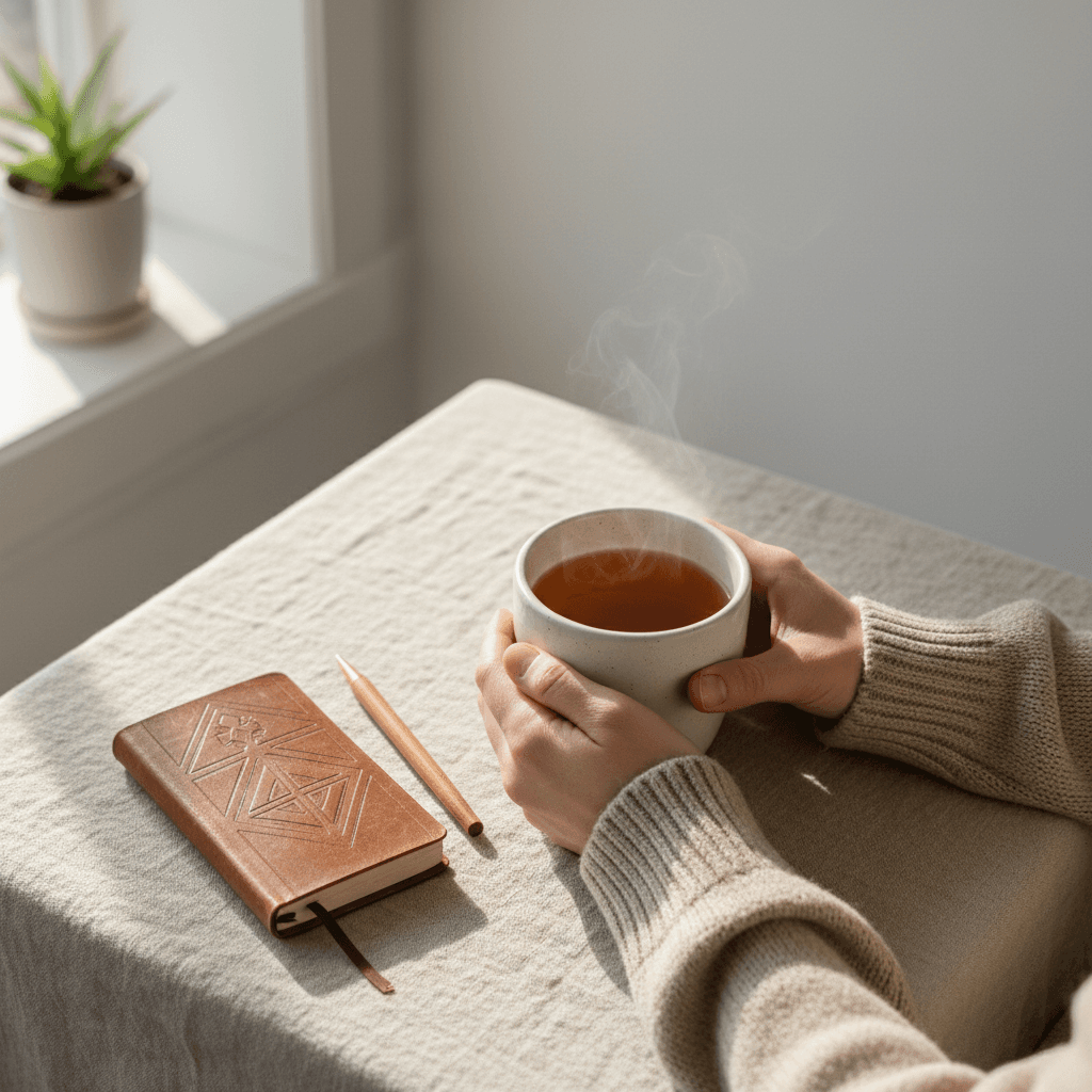 Close-up overhead of hands holding ceramic mug with journal and pen on linen surface in soft morning light