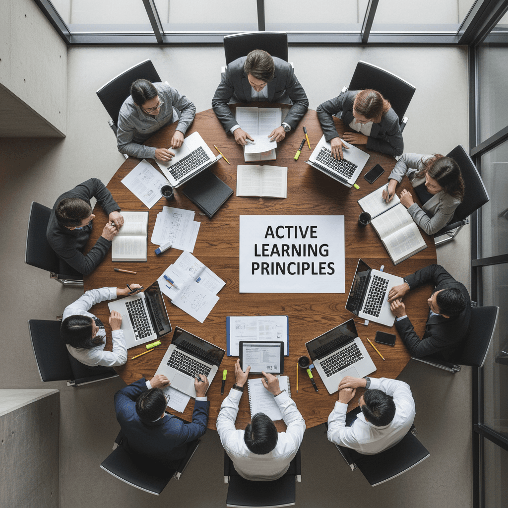 Overhead view of diverse students collaborating around seminar table with laptops and course materials