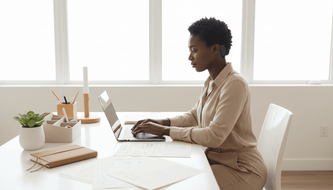 Black woman focused on laptop at organized white desk with planning templates and natural light