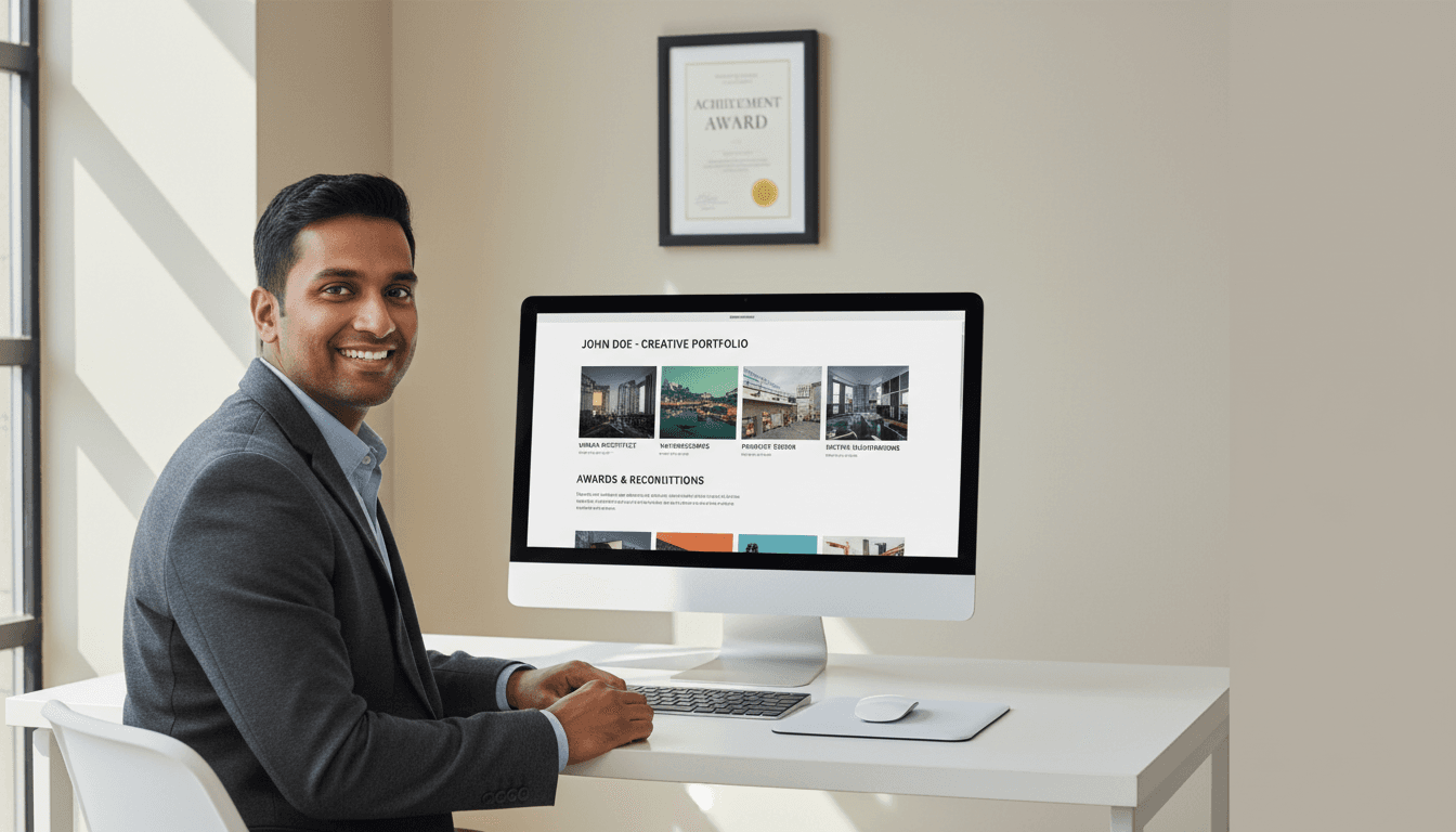 Professional man reviewing portfolio on desktop monitor at minimalist desk with achievement certificate on wall